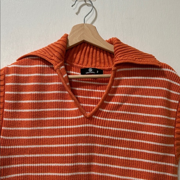 LILLUSORY WOMENS ORANGE WHITE STRIPED V NECK SWEATER VEST Sz MD - Picture 3 of 9